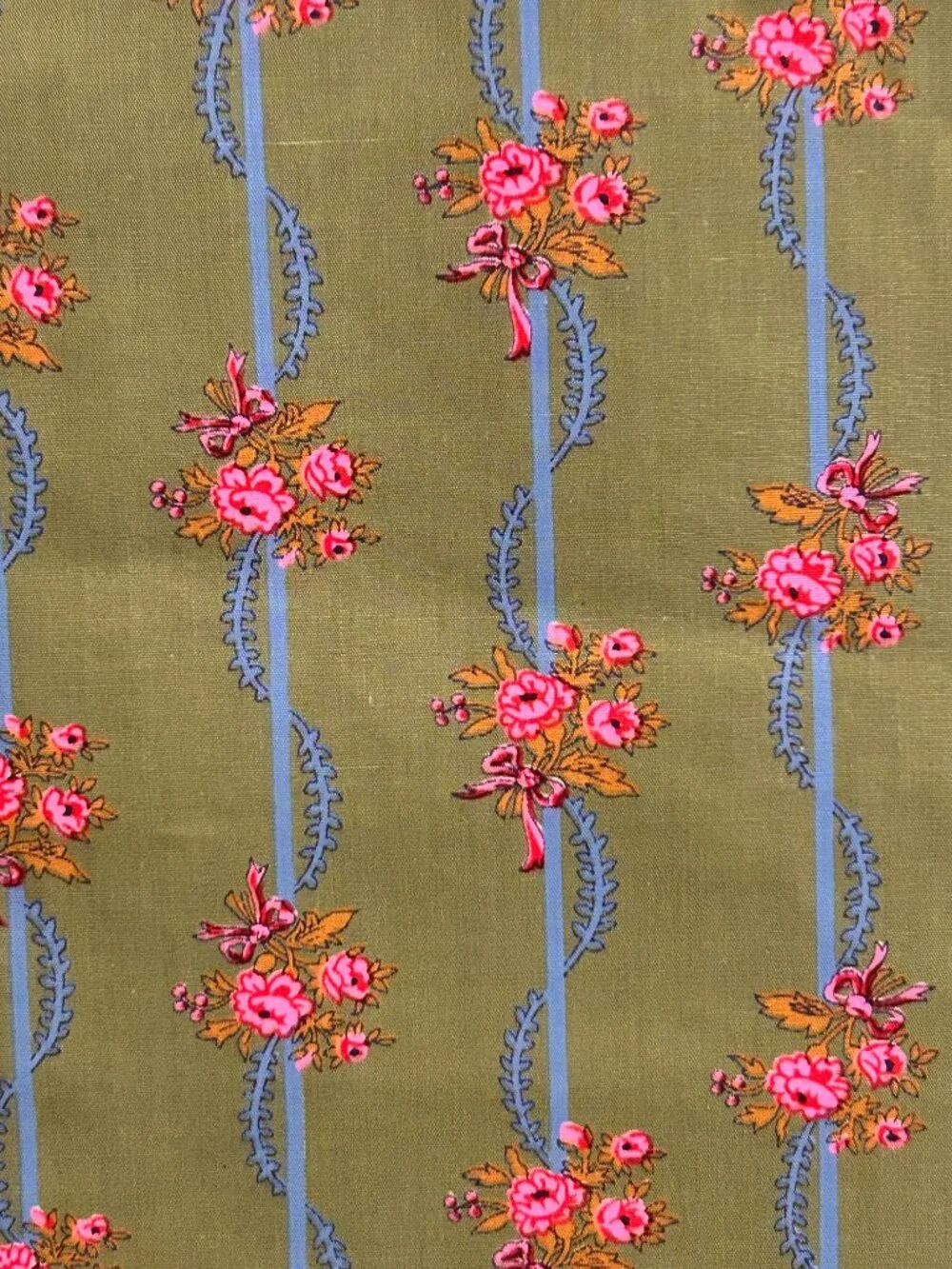 Vintage Green Pink Blue Floral Fabric Yardage 108 x 35 inches